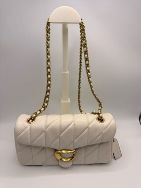Authentic Coach Cream Quilted Leather Shoulder Bag with Gold Chain
